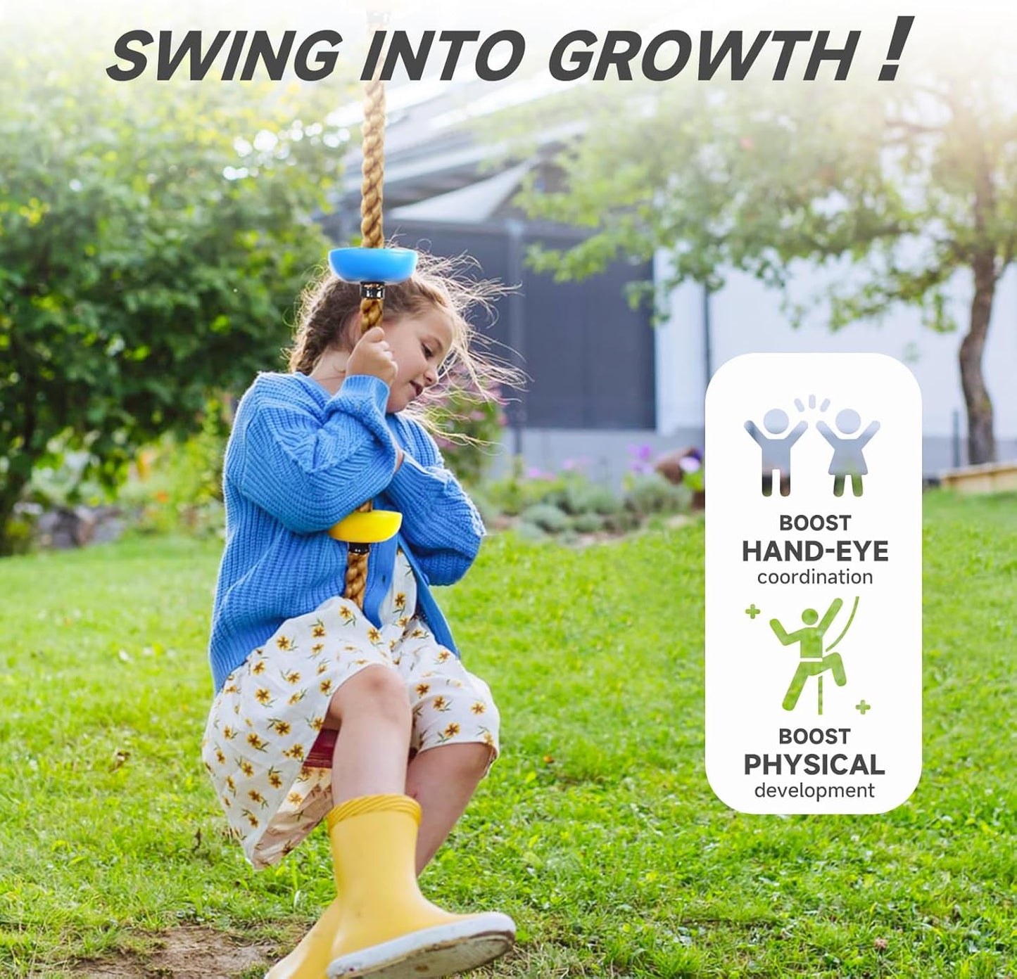 Climbing Rope Tree Swing with Platforms and Disc Swing Seat Set Outdoor Playground Accessories for Kids Including Hanging Strap & Carabiner Rope Swings for Tree Outdoor Swing Set Accessories