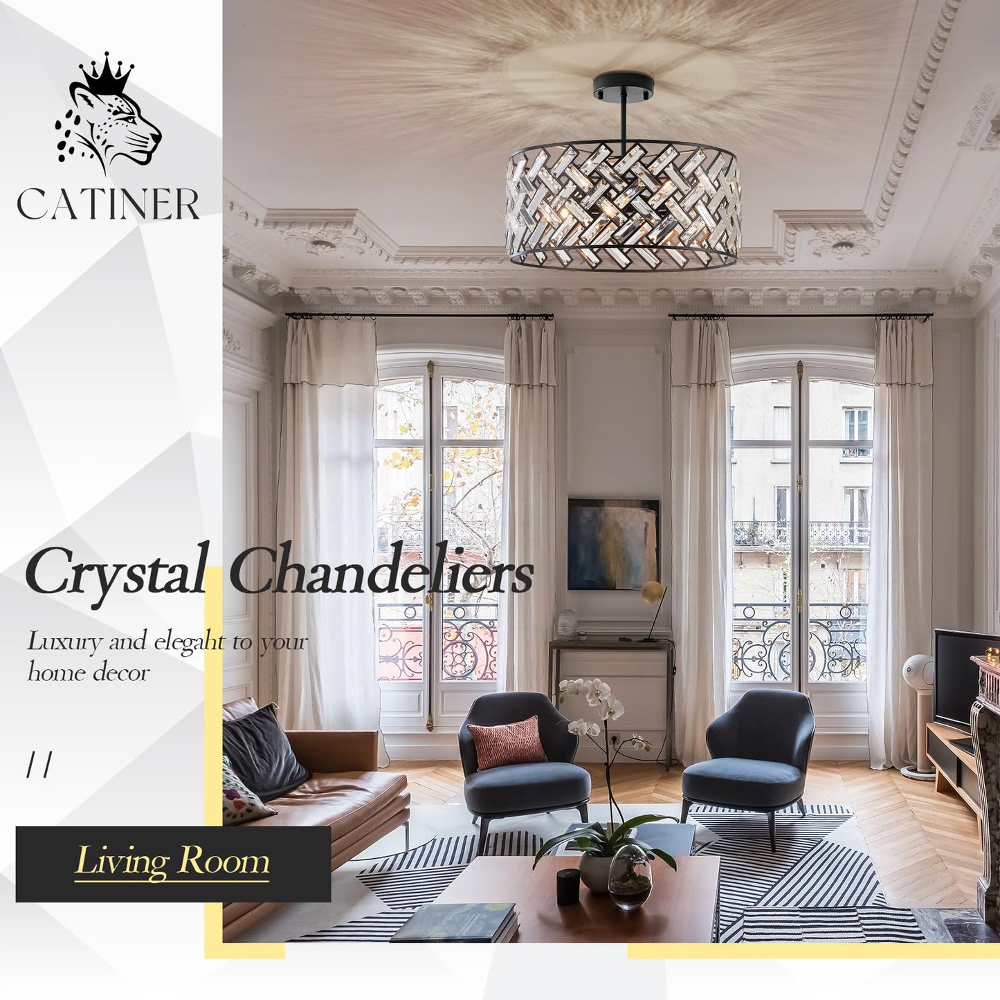 Catiner Black Modern 18 Crystal Chandelier, 6-Light Semi Flush Mount, Metal Drum Shade For Kitchen, Dining Room, Bedroom, Hallway