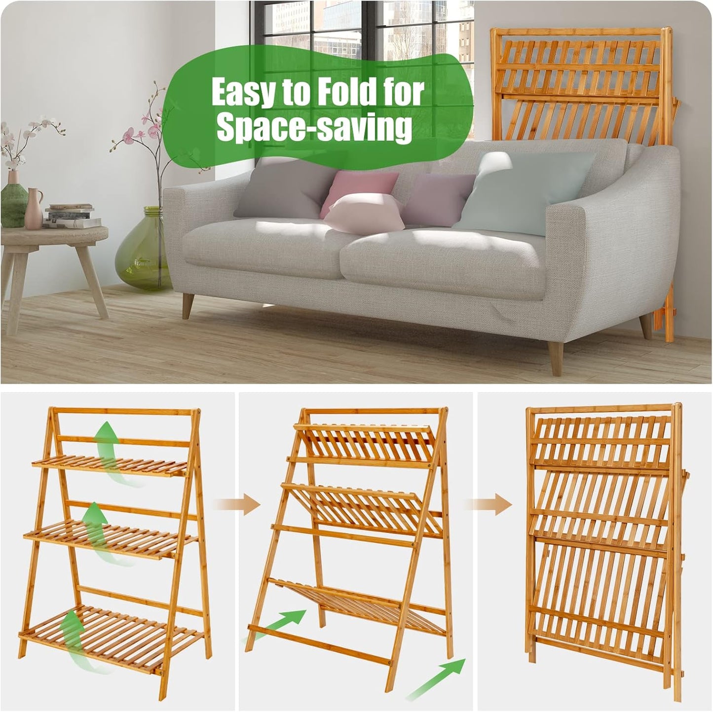 Giantex Bamboo Ladder Plant Stand, 3 Tier Folding Bamboo Plant Shelf, Foldable Flower Pot Display Shelf Rack, Multiple Plants Holder Organizer Storage Shelf for Indoor Outdoor Balcony Garden (Natural)