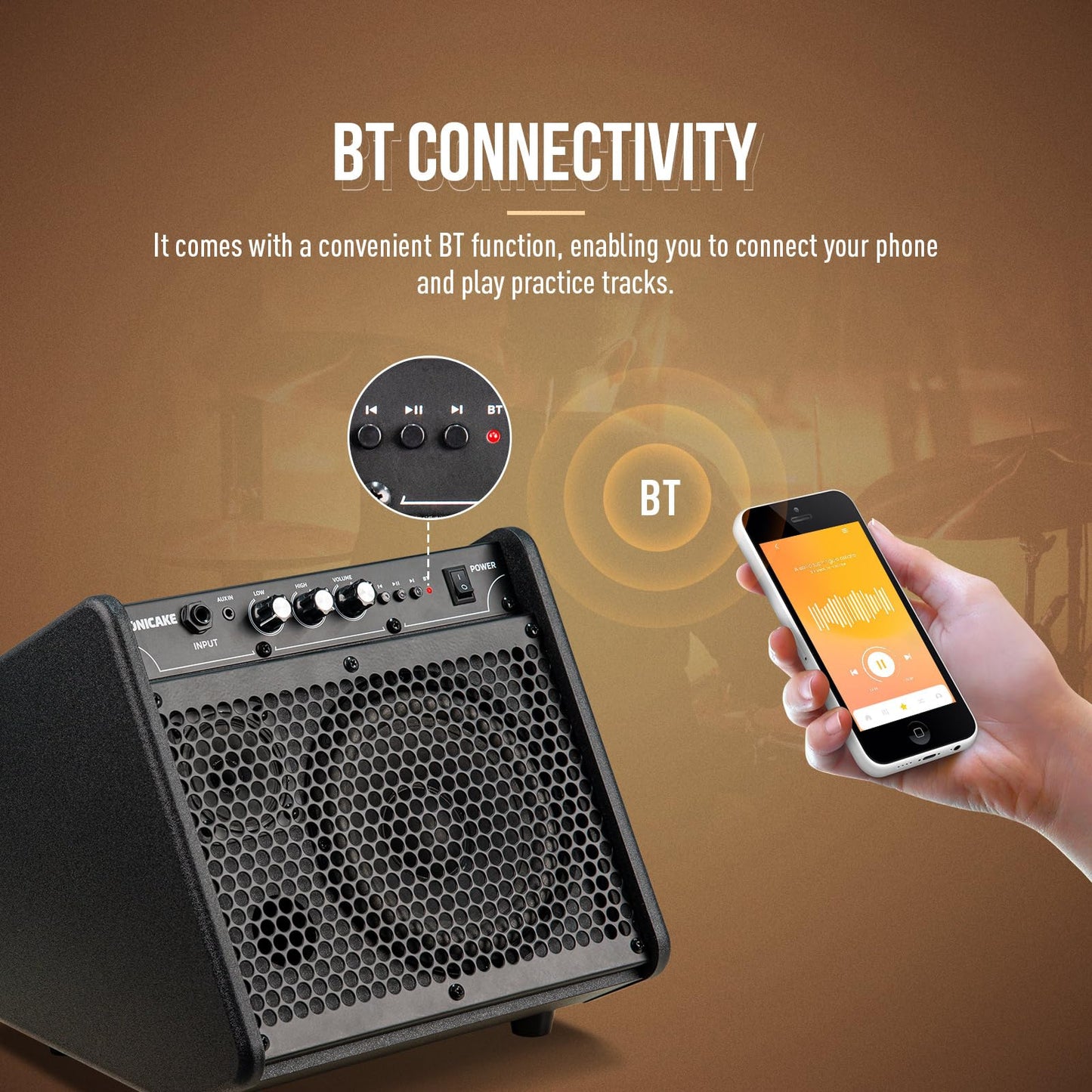 Sonicake 20W Electric Drum Amp, Portable Bt Drum/Keyboard Amplifier Speaker System With Dual Drivers For Home Practice, Qdm-20