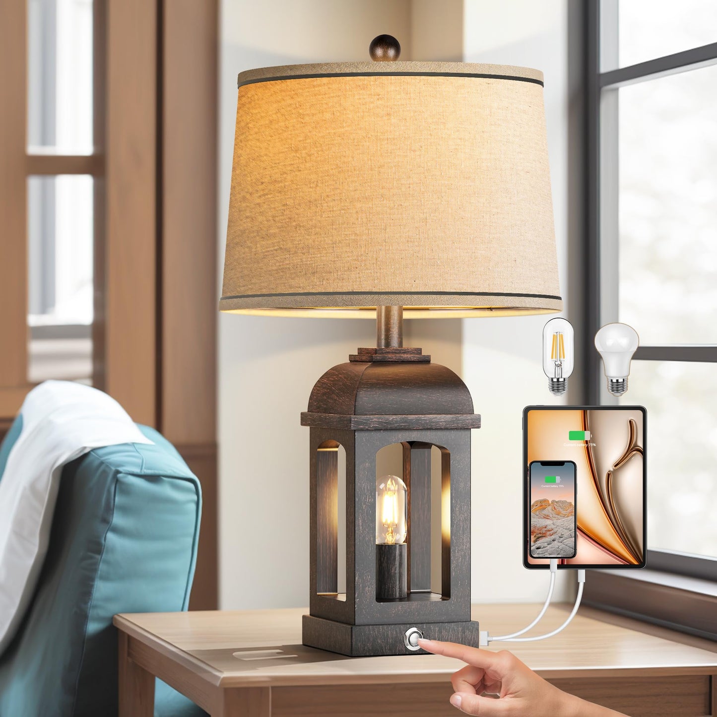 QiMH Table Lamp - 26in Rustic Nightstand Lamp, 3-Way Dimmable Touch Control, USB A+C, Bronze, 1 Pack