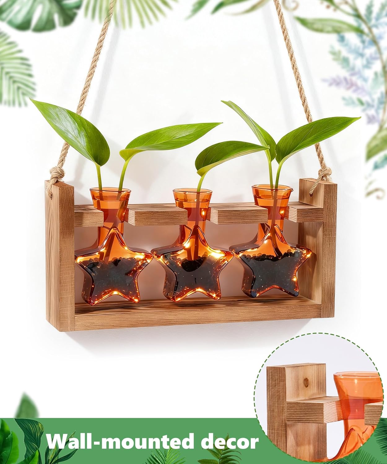 Nacome Plant Terrarium with Wooden Stand,Star-Shaped Planter Propagation Station Glass Vase for Home Office Decor- Unique Gifts for Plant Lovers Women Mom(Orange)