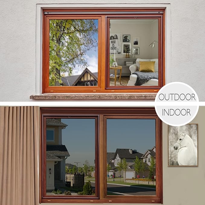 HIDBEA One Way Privacy Window Film, Daytime Mirror Reflective Heat Control UV Sun Blocking Non-Adhesive Static Cling Window Tint for Home and Office (Black-Silver, 35.4 Inch × 6.5 Feet)