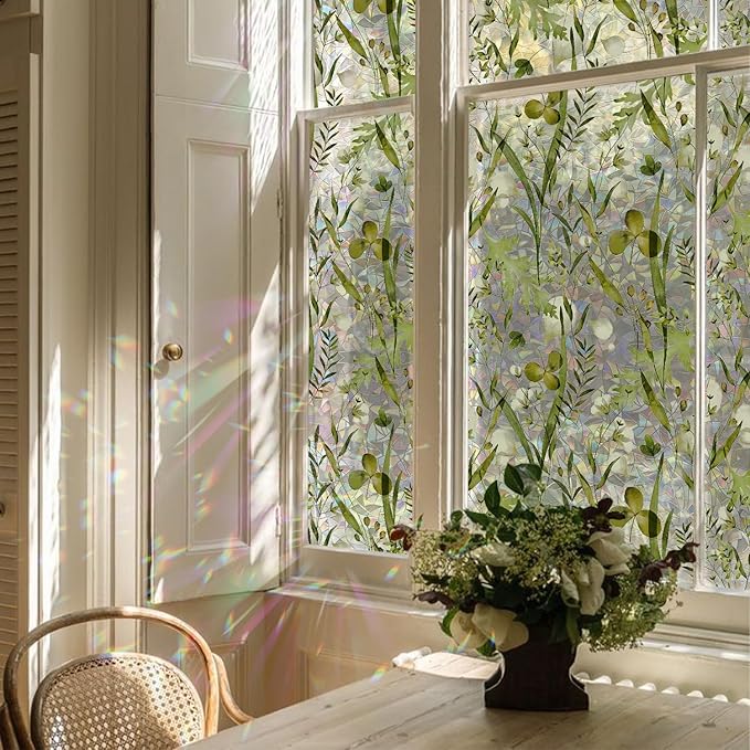 Rainbow Watercolor Green Leaves Window Film, Privacy Iridescent Static Cling Double-Sided Decals for Window Door Glass Decor, Herbs, 39.37" x 16.93"