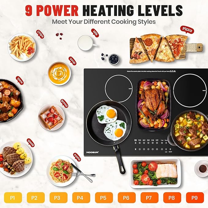 12-inch Electric Cooktop with 2 Burners - 9 Power Levels for Rapid, Even Heating, Compact Design, Child Safety Lock, Ceramic Glass Surface, 220-240V (Plug Not Included)