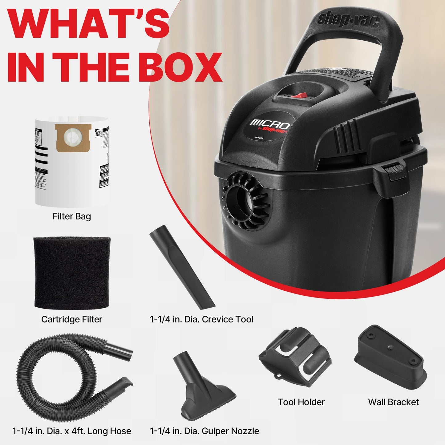 Shop-Vac 2021005 1 Gallon Micro Wet/Dry Vacuum, 1.0 Peak HP, 1.25 Inch Diameter x 4 Foot Hose, 6 Food Cord, Lightweight And Portable, Quick Wet/Dry Pickup