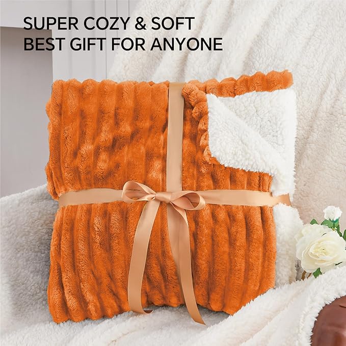 INFIIXSO Sherpa Fleece Queen Size Blanket - Super Soft & Warm Striped Fleece, Cozy Plush Fluffy Large Bed Blanket All Season Use (Burnt Orange, 90x90 Inches)