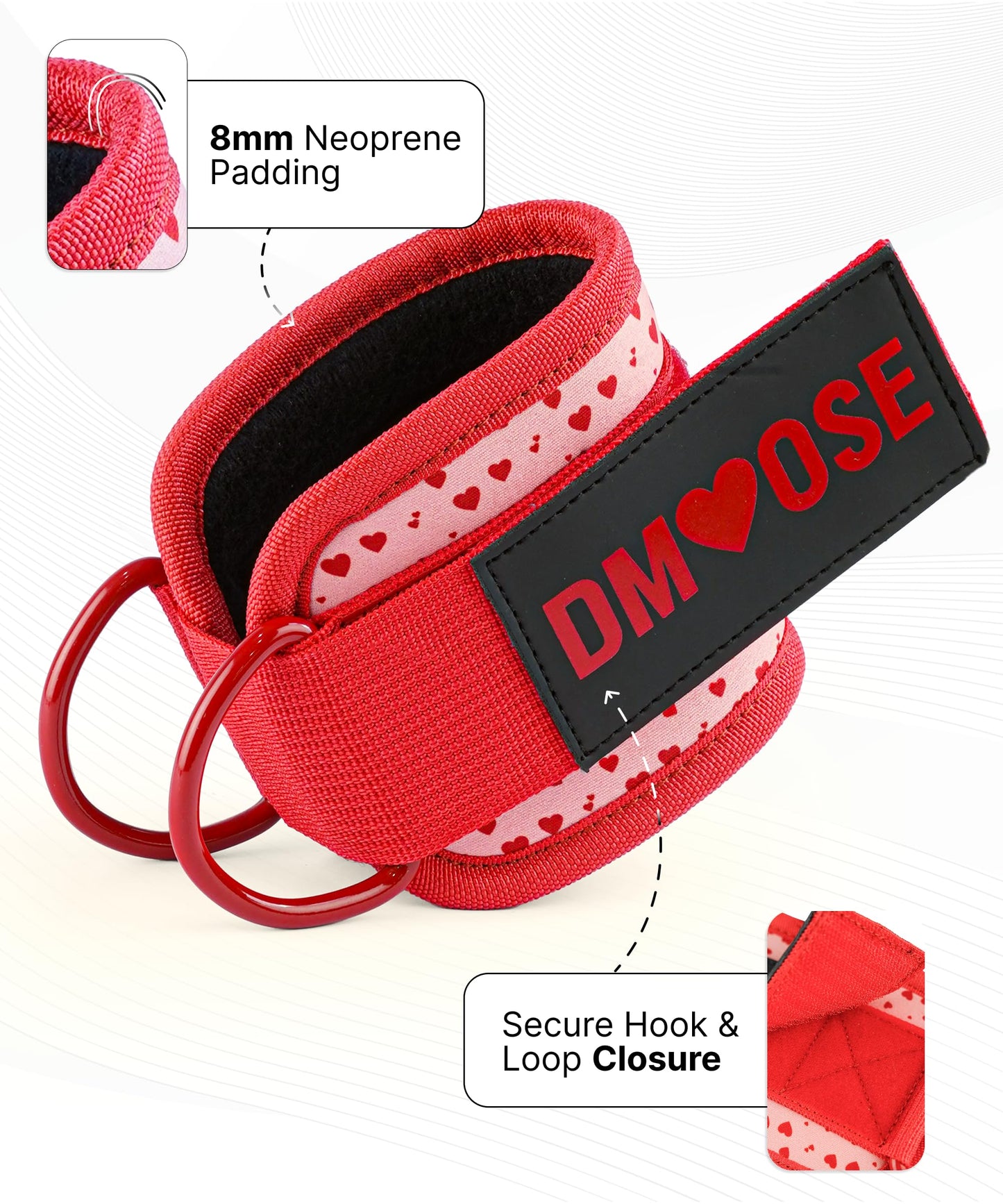 DMoose Fitness Ankle Straps for Cable Machines - One Size Fit with Premium Padding, Glute Kickback Ankle Strap for Women - Cable Attachments for Gym Workouts & Hip Abductors (Hearts - Single)