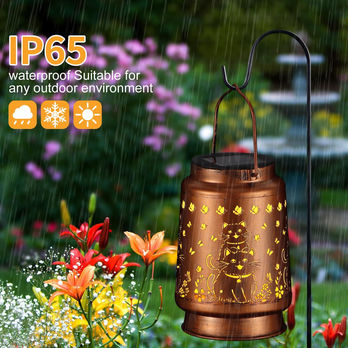 Solar Lantern Outdoor Hanging Waterproof Outside Metal Openwork Hummingbird Pattern Birthday Gifts For Women Mom Landscape Lights For Porch Garden Yard Patio Pathway Decor(Cat)