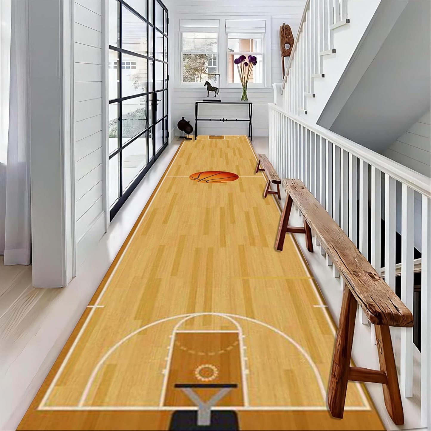 Sports Field Long Hallway Rug Runners, 3.3x7ft, Basketball Game Runner Rug, Machine Washable Durable High Traffic Rug, with Non Slip Backing Absorbent Carpet for Entryway Living Room