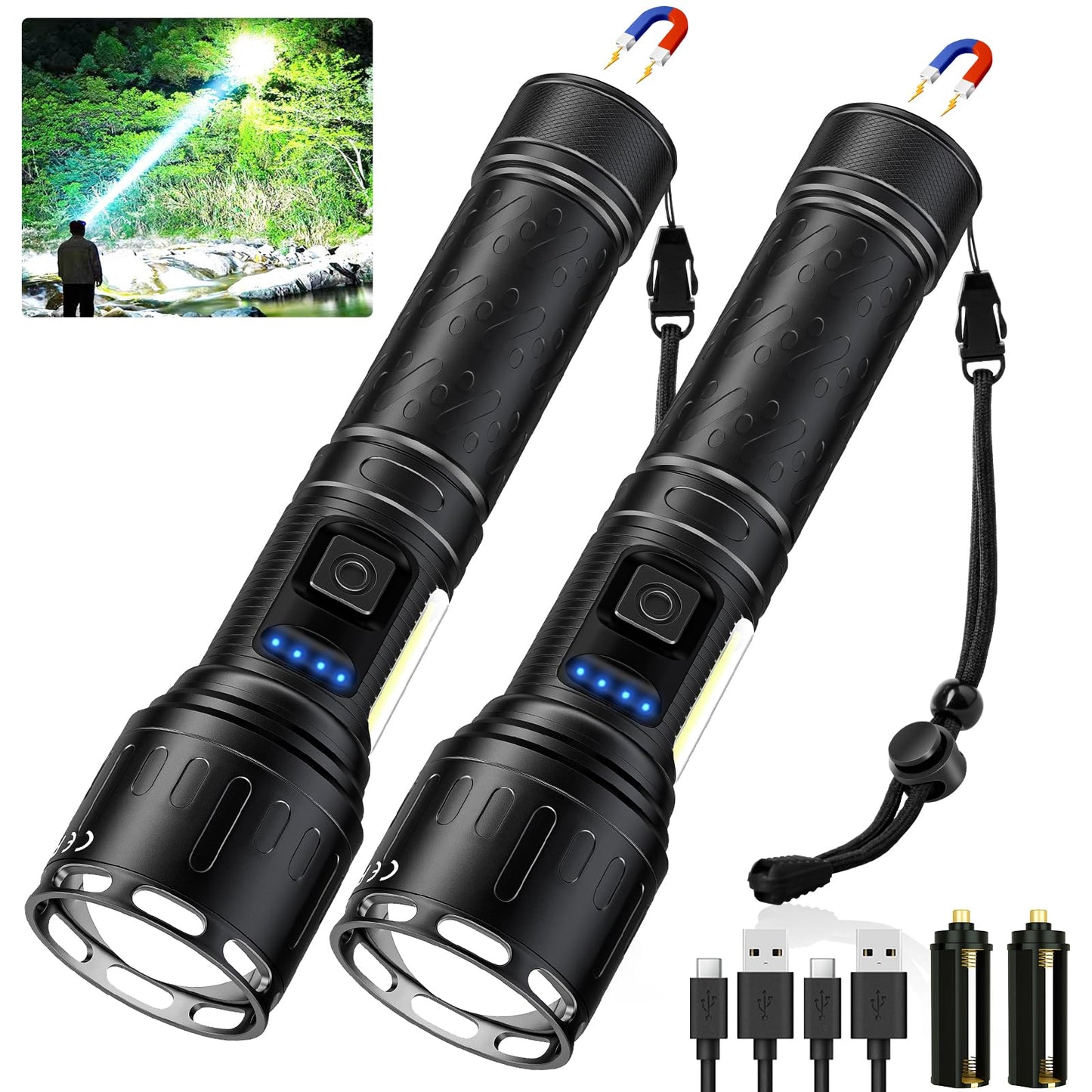 Rechargeable Magnetic Flashlights 100 000 High Lumens  Super Bright Led Powerful Flashlight 8 Modes With Cob Work Light  Waterproof Handheld Flash Light For Camping (2 Pack With Paper Box  Black)