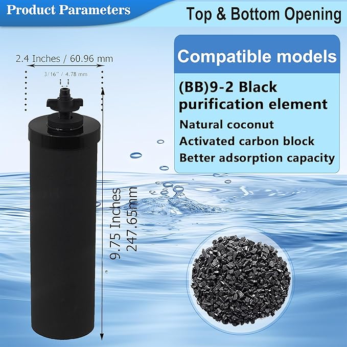 Black Filters 4 Pack by NSF/ANSI 42 Certified, Replacement for BB9-2® Purification Elements Filters, Compatible with Berkey Gravity Filtration System, Replacement for Berkey Black Filters