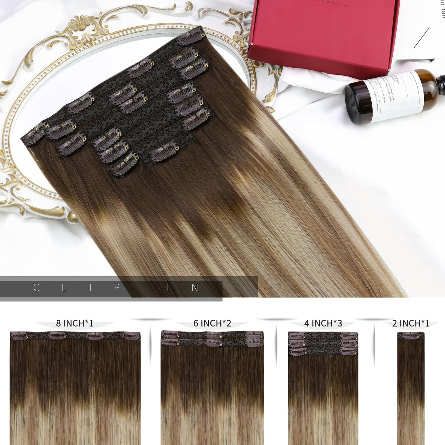 Moresoo Balayage Hair Extensions Clip in Real Human Hair Brown to Light Brown with Golden Blonde Ombre Clip in Extensions Human