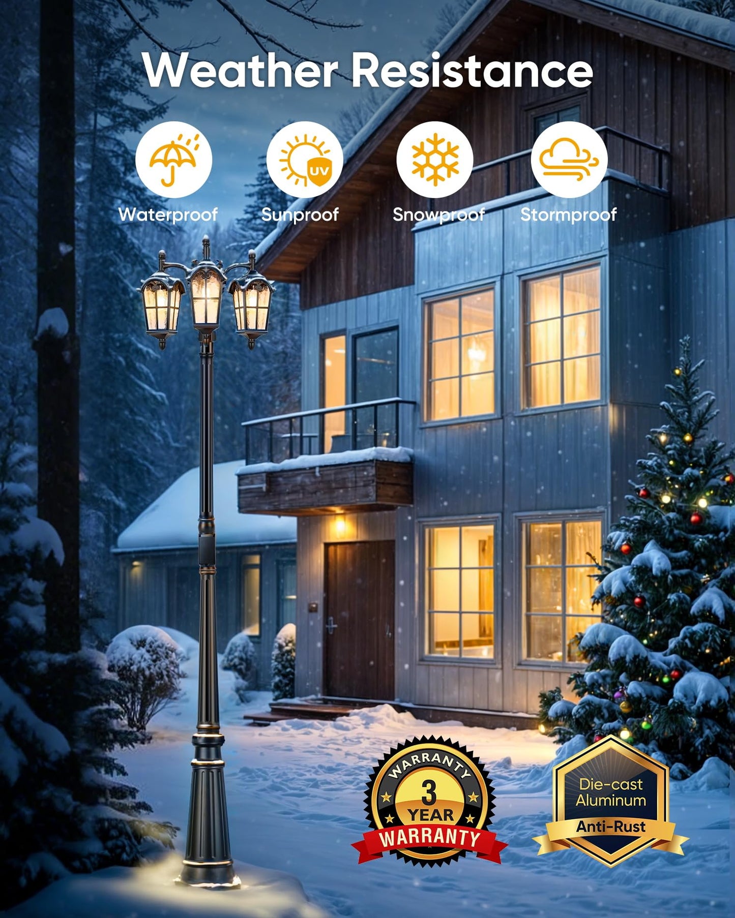PARTPHONER Vintage Dusk to Dawn Outdoor Lamp Post, Triple Head, Waterproof, Black with Gold Trim, Model PAPO080AB1
