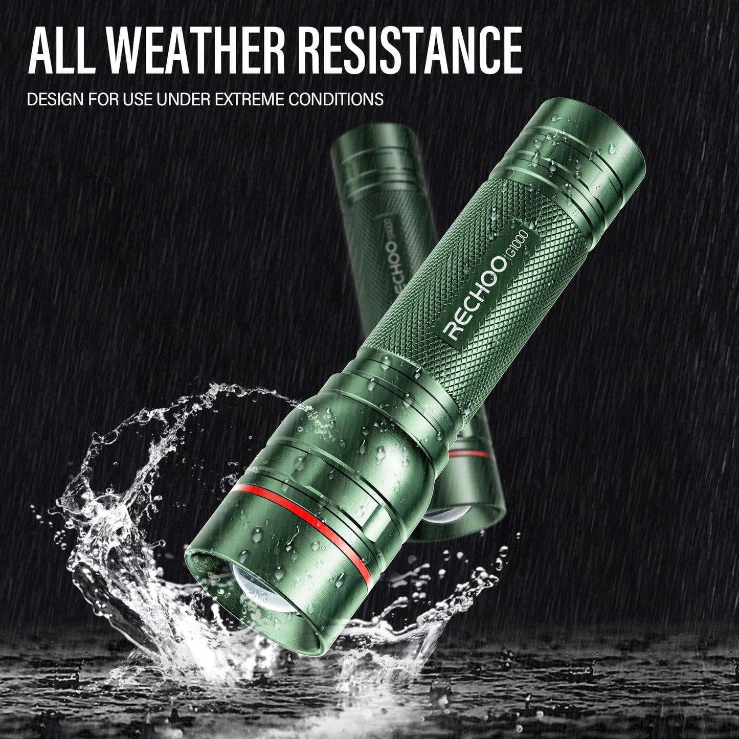 RECHOO G1000 Rechargeable Flashlight, 3 Lighting Modes, Aluminum, 1 Pack, Green
