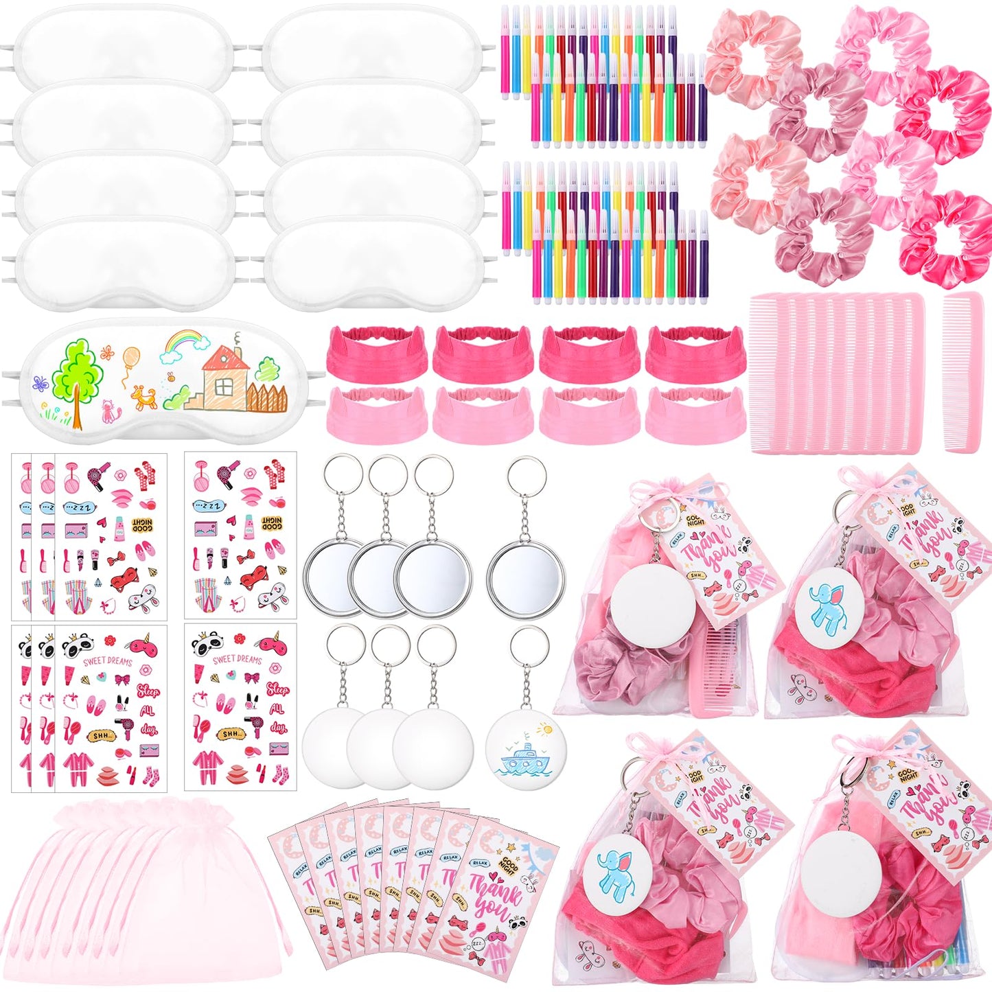 Daifunli 128 Pcs Sleepover Party Supplies Include White Eye Mask Graffiti Mirrors Blindfold Fabric Marker Pens Hairband Scrunchies Comb Keychains for Spa Slumber Bachelorette Women Favors