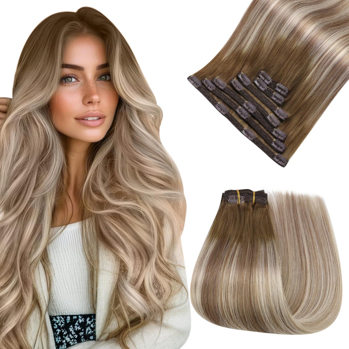 Easyouth Clip in Human Hair Extensions Balayage Clip in Extensions for Women Dark Brown Ombre Light Brown with Blonde Clips in R