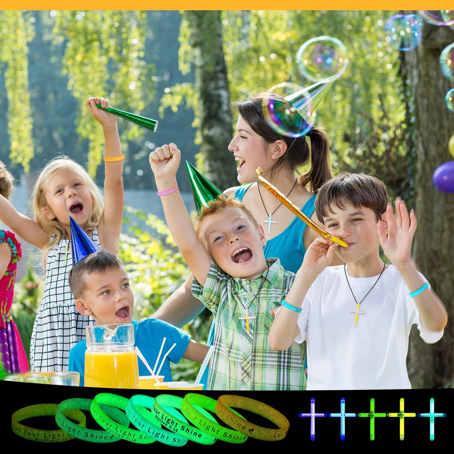 ShinyRelief 100 Pcs Glow in the Dark Christian Party Favors Silicone Bracelets for Kids Cross Necklace Bulk Sunday School Bible