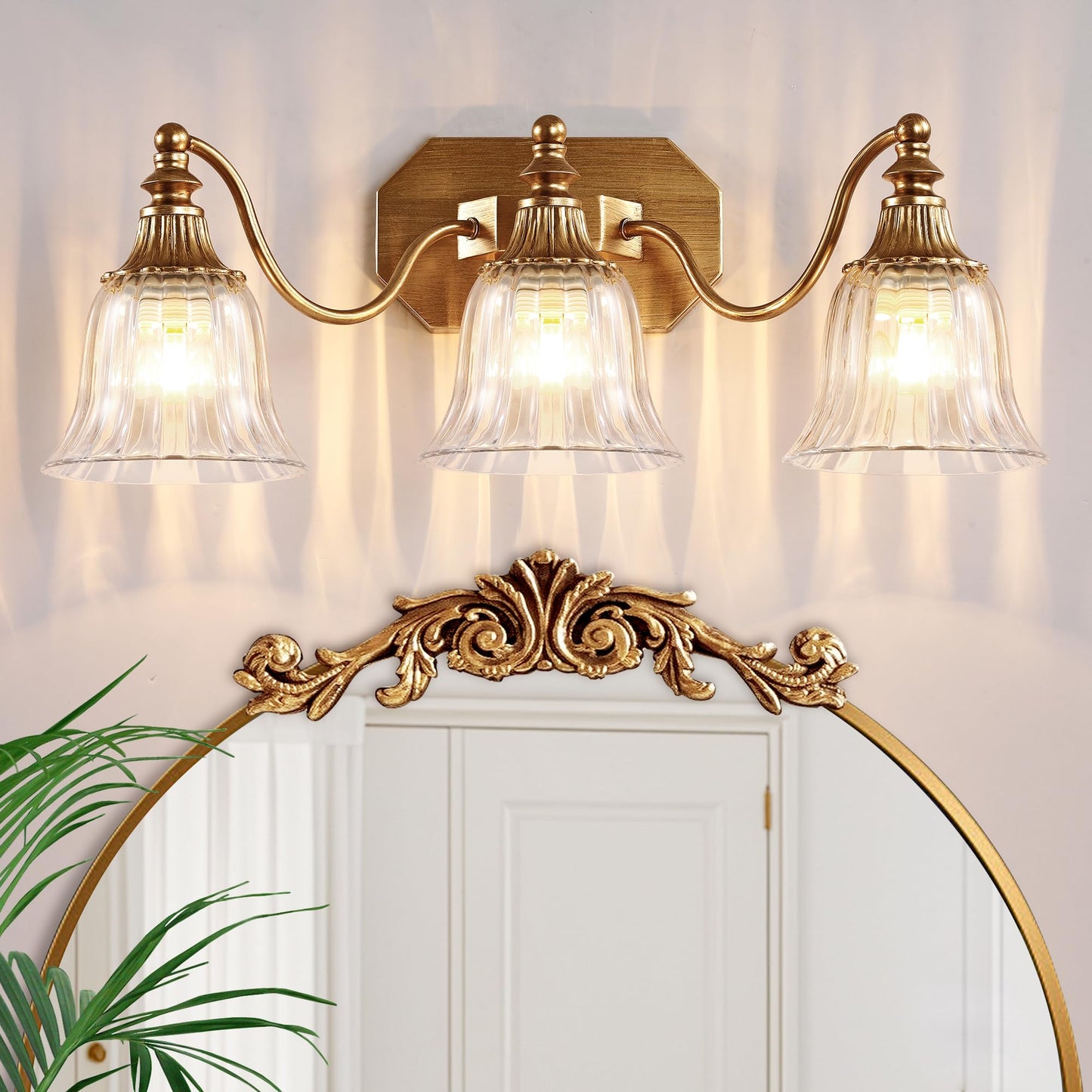 Dvmteom Gold Vintage Bathroom Light Fixtures  3-Lights Bathroom Vanity Light  Antique Brushed Gold Lighting Fixtures Over Mirror With Crystal Glass Shade  Wall Sconce Lighting