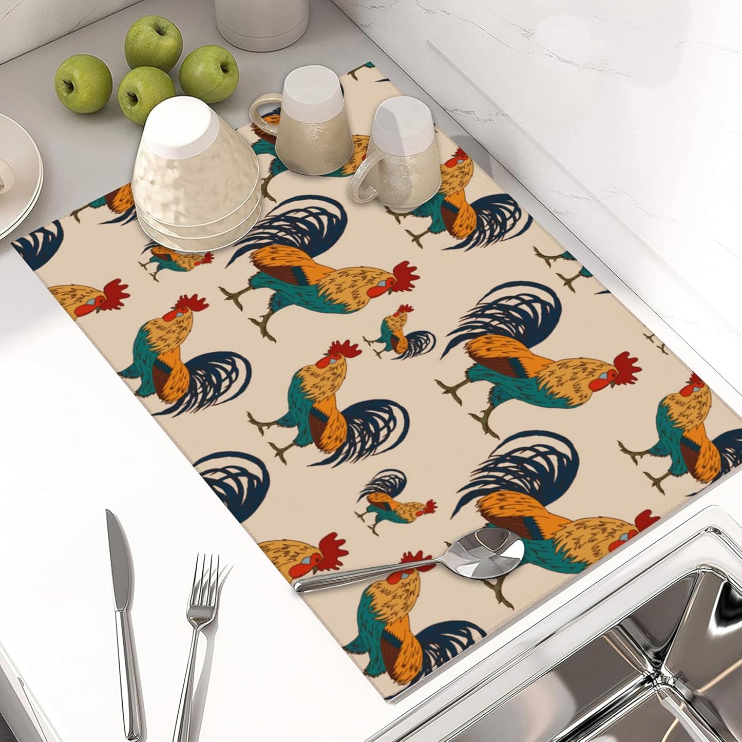 Large Dish Drying Mat for Kitchen Counter,18"X24" Beautiful Rooster Cock Super Absorbent Reversible Microfiber Dish Drying Mat Dish Drainer Mat,Dishes Mat Drying Pad for Kitchen Countertop Coffee Bar
