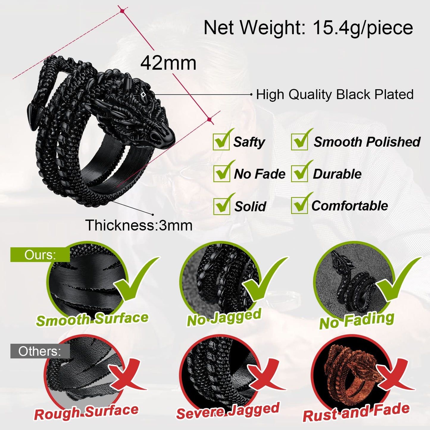 FaithHeart Mens Gothic Rings Stainless Steel Norse Viking Masculine Dragon Biker Ring Punk Retro Vintage Nordic Mythology Jewelr