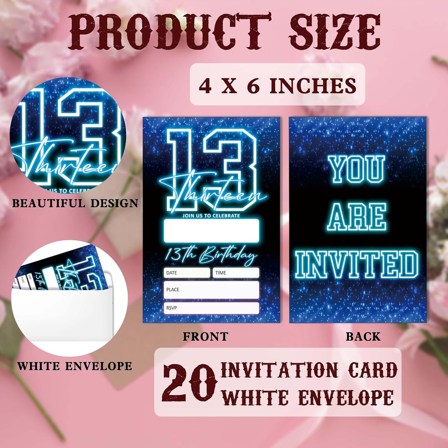 SIXEIGHT Blue 13th Birthday Party Invitations for Boys, Glow Neon Birthday Invitations, 20 Double Sided Invite Cards with Envelopes for Kids Girls, Party Decorations Supplies, 4"x6"-C13