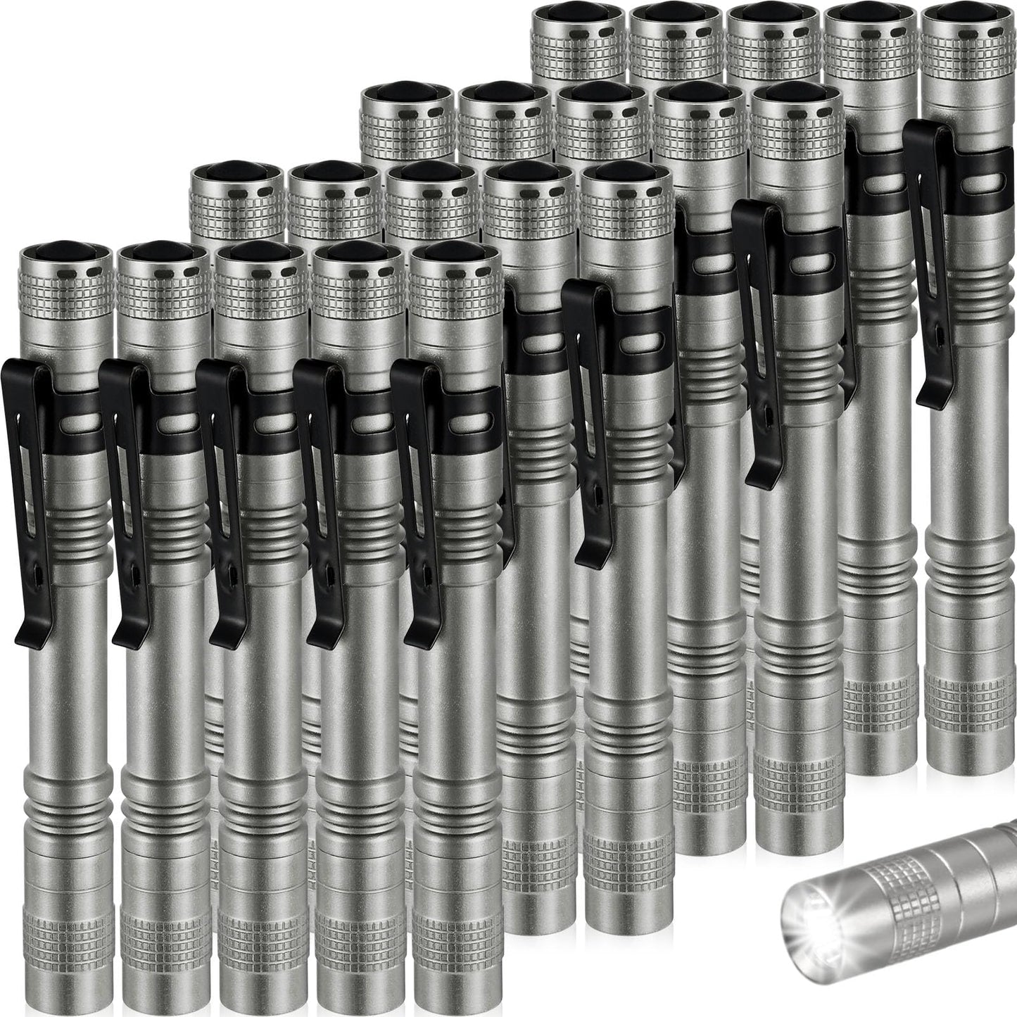 Hortsun Mini Pen Light Flashlight, 5.12 Inch, Gray, Aluminum, Pocket Size, Clip Included, 20 Pcs Gifts for Fathers Day