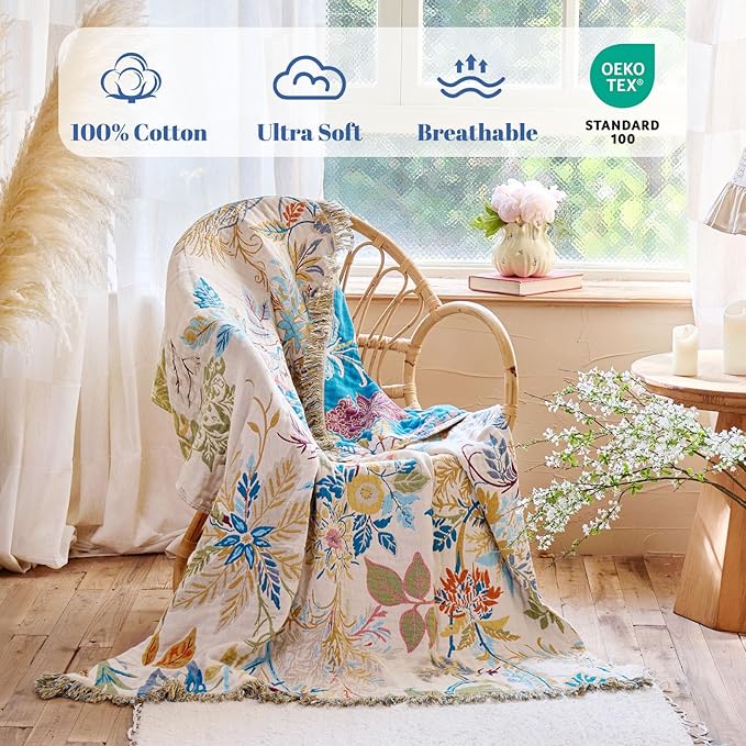 MSGKV Boho Throw Blanket for Bed Cotton 60"x80" Floral Blanket Twin Size Couch All Seasons Muslin Breathable Lightweight Farmhouse Blankets