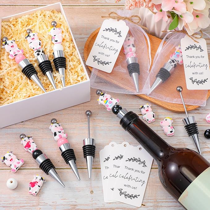 Gisafai 12 Set Cow Beadable Wine Stoppers Baby Shower Wedding Favors for Guests Decorative Beaded Wine Bottle Stopper with Cow Beads Organza Bag Tag for Wedding Cow Party Favor Souvenirs Gifts