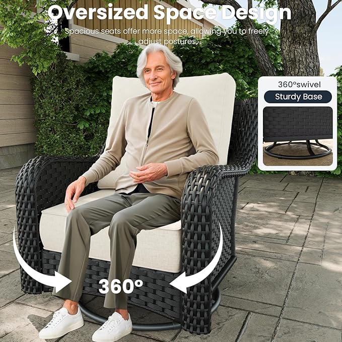 9 Pieces Outdoor Patio Furniture Sets with Rocking Swivel Chairs with 6-inch Thick Cushion and Side Table for Deck Lawn