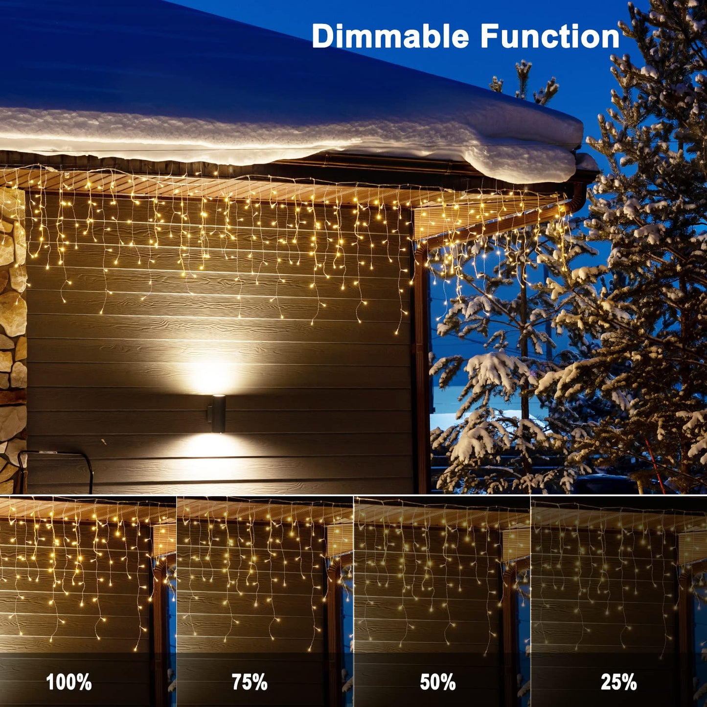 Brightown Icicle Lights Outdoor, 33 FT, 384 LED, Warm White, 8 Modes, Waterproof, Model JT-EL/FC300V0300-D1