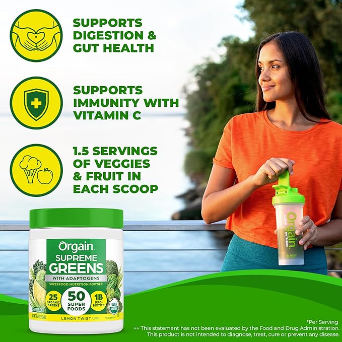 Orgain Supreme Greens Powder, 50 Superfoods, 1 Billion Probiotics, and Adaptogens, for Gut Health and Immune Support, 1.5 Servings of Fruit and Veggies, Lemon Twist