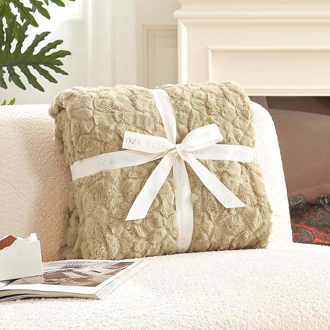 Cozy Bliss Faux Fur Throw Blanket for Couch, Fuzzy Soft Plush Thick Warm Fluffy Reversible Wave Textured Blanket for Sofa Bedroom Living Room, 55 * 70 Inches Kahki