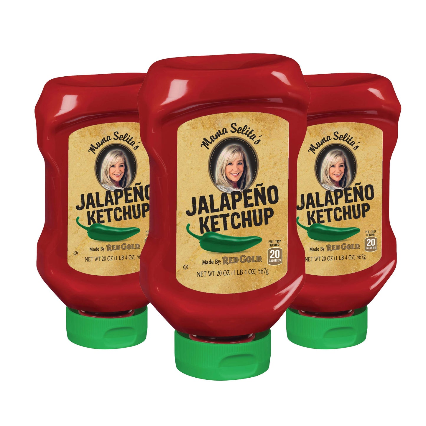Mama Selitas Red Gold Jalapeno Tomato Ketchup, Gluten Free, No Drip Easy Squeeze 20 Ounce Bottles, 3-Pack