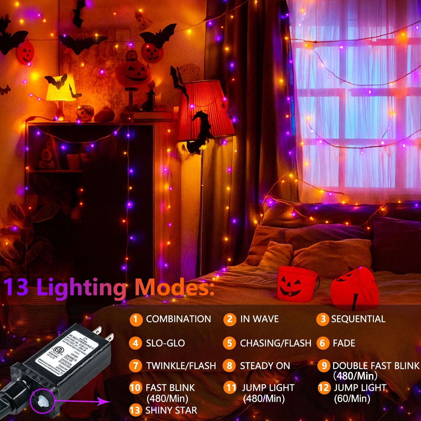 SANJICHA Halloween String Lights 200 LED, 66FT Waterproof, Orange and Purple, 13 Modes, Clear Wire, Model MLS-D29V6WUC-O