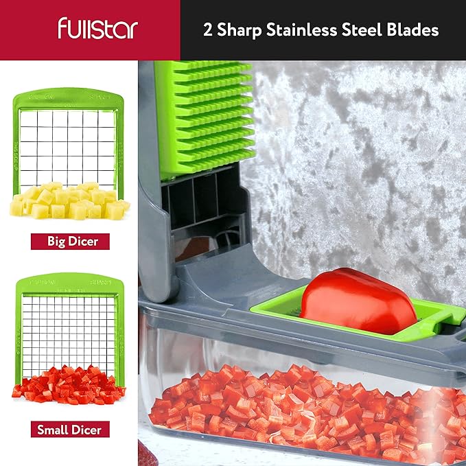 Fullstar Vegetable Chopper - Food Chopper - Onion Chopper - Vegetable Slicer & Spiralizer - Veggie Chopper with Container - Kitchen Gadgets - Home Essentials - Kitchen Accessories (9 in 1, Gray/Green)