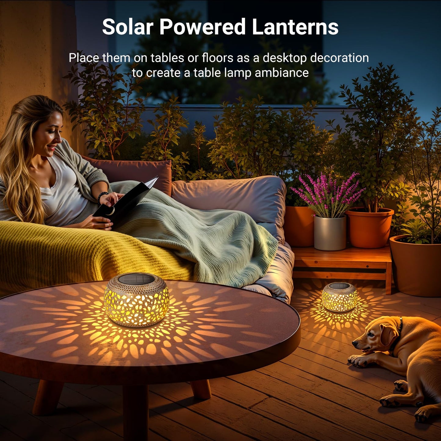 BONLION Solar Table Lanterns 2 Pack - Waterproof LED Lamps for Patio, White Hollow-Out Metal, Model TLL004