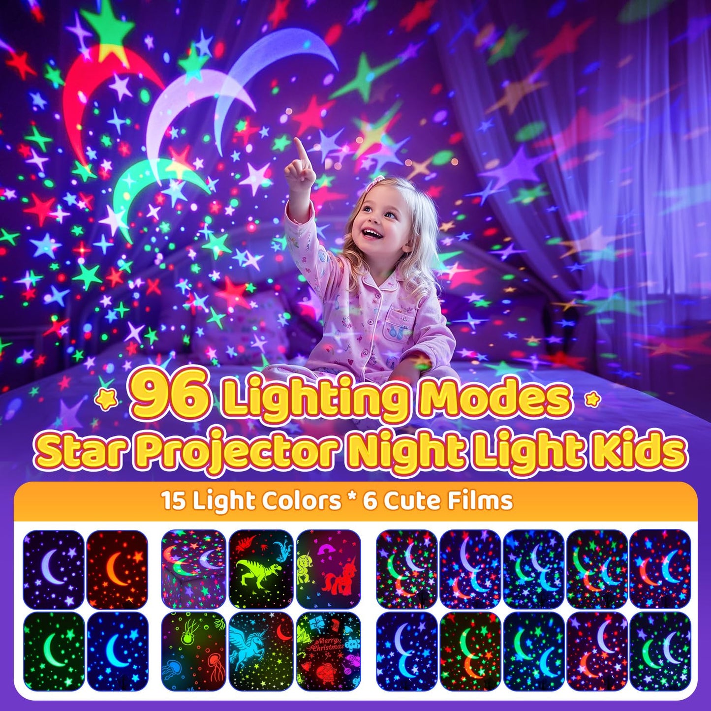 Pikoy Night Light For Kids  90 Modes+6 Films+Dimmer+Timer+Remote Kids Night Light Projector  Rechargeable Built-In Battery+360 Silent Rotation Butterfly/Princess/Mermaid Room Decor Girl Toys/Gifts
