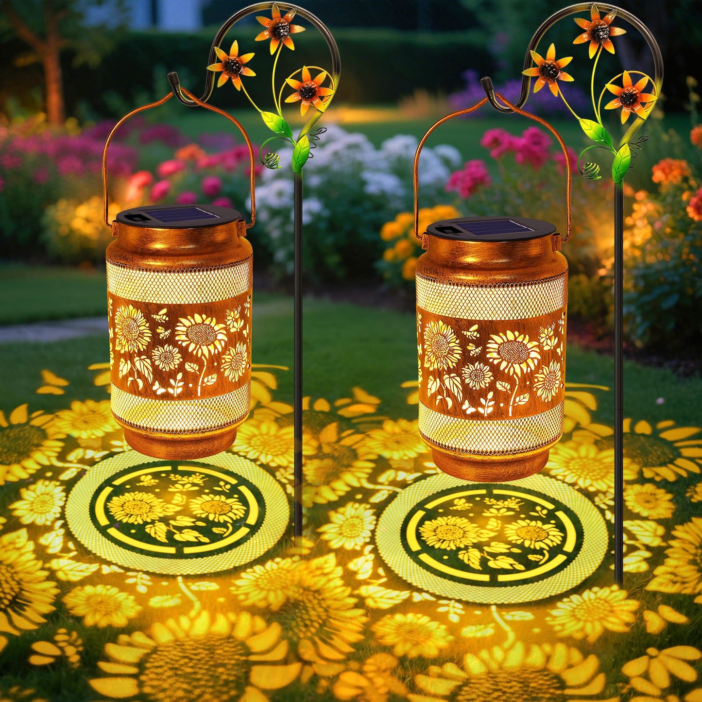 2 Pack Sunflower Solar Lanterns Outdoor Waterproof Solar Garden Decor  Birthday Gifts For Christmas Women Mom Grandma  Metal Hanging Lights With Shepherd Hook For Outside Yard Patio Pathway Backyard