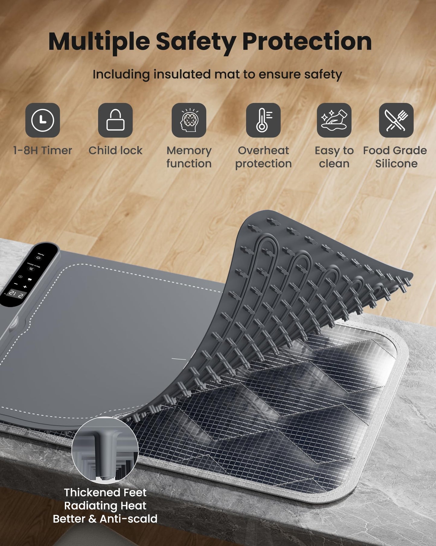 Gaiatop Warming Mat for Food Electric Warming Tray, Fast-Heating Silicone Food Heating Mats for Countertop with 7 Level Temp Adjustable, 8h Timer, Kids Lock, Roll up Heating Tray for Home Travel, Gray