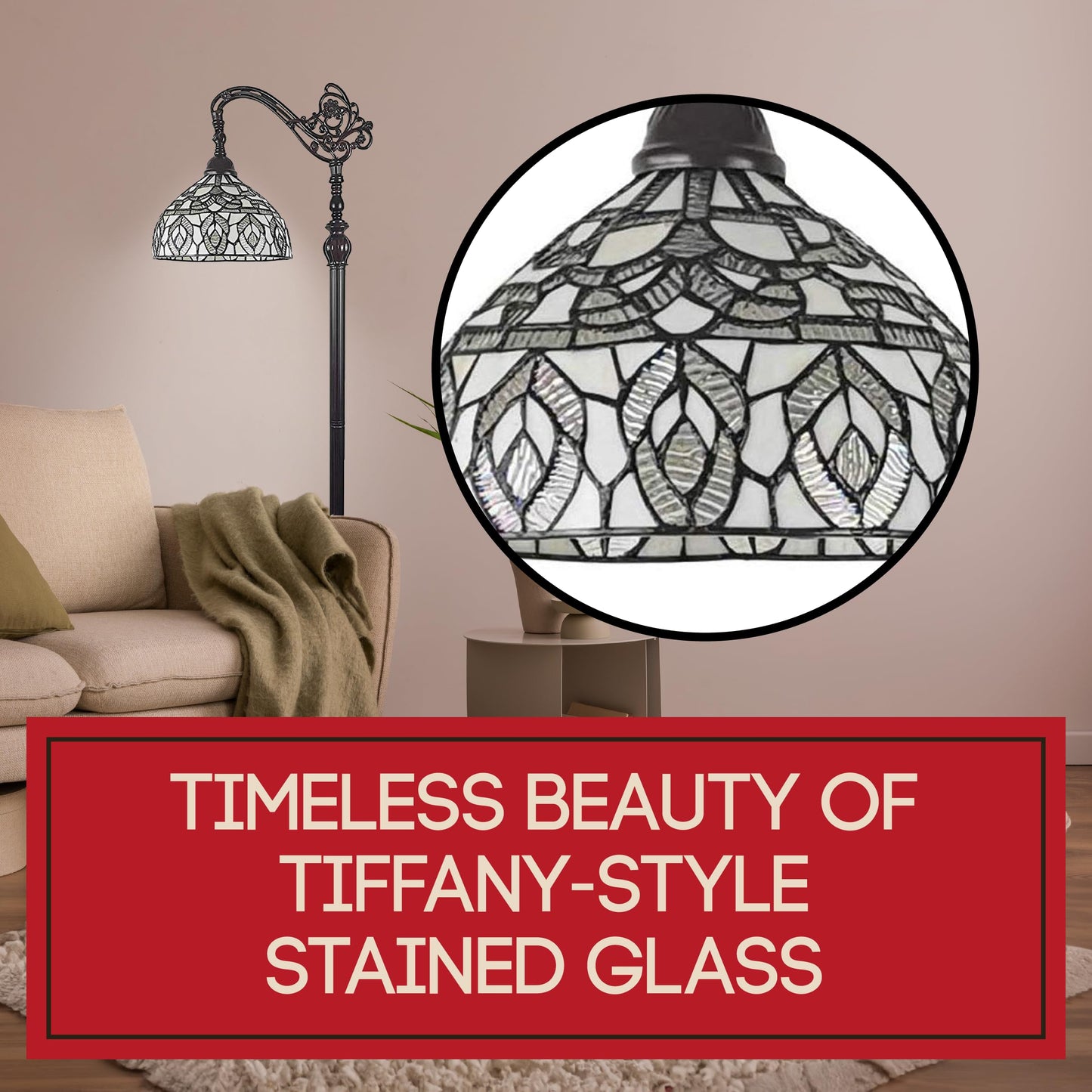 Amora Tiffany Floor Lamp - Arched  Stained Glass 62  With Foot Switch Operation And Adjustable Lamp Shade - Custom Handcrafted Floor Lamps For Living Room In White Mahogany Traditional Peacock