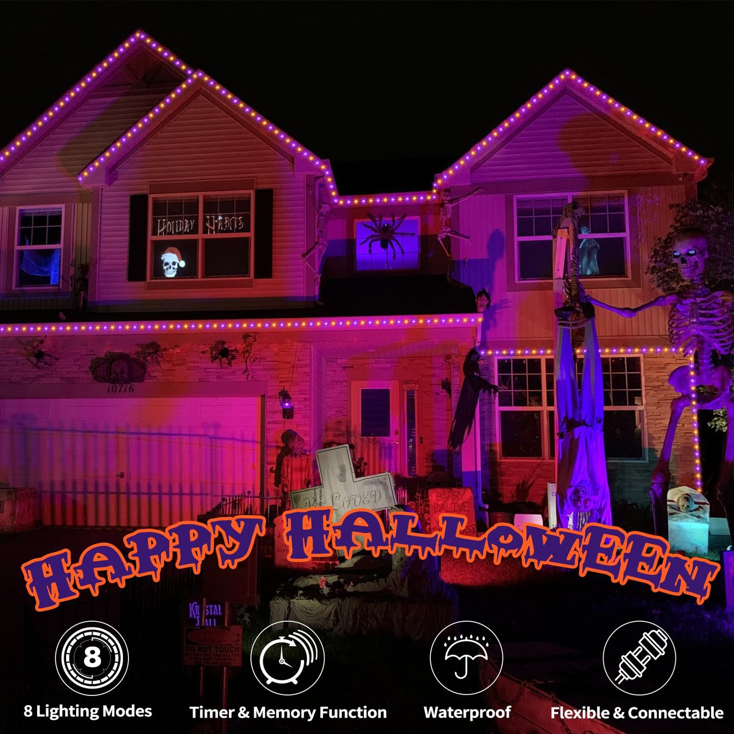 Jnaurb 100ft LED Rope Lights Outdoor, Waterproof, 720 LEDs, 8 Modes, Orange & Purple