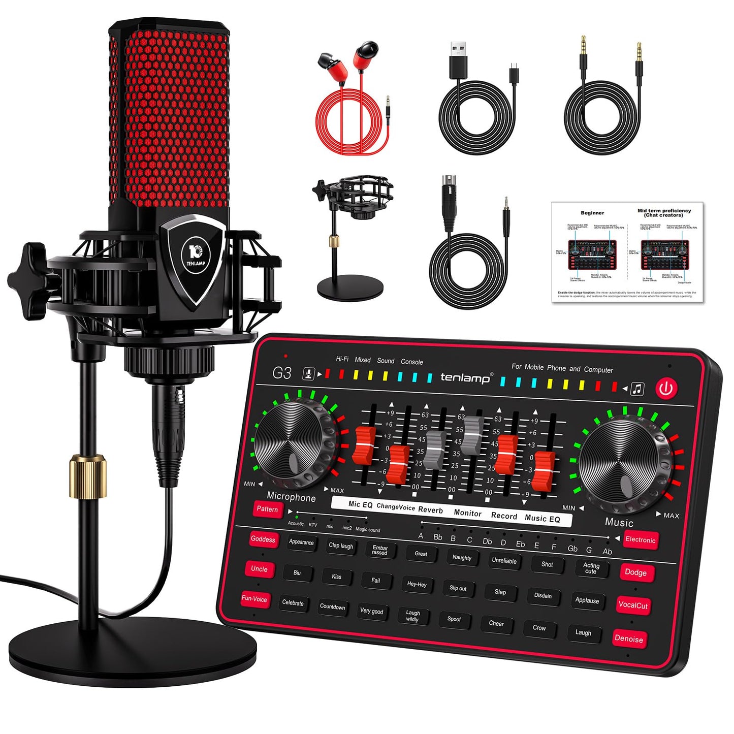 Podcast Microphone Bundle Live Sound Card Streaming Audio Mixer, Podcast Equipment With Voice Changer/Audio Interface For Live S