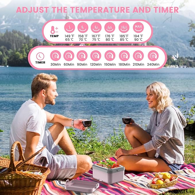 Electric Lunch Box For Adults - Rechargeable 60W Self-Heating Food Warmer with 1.0L Stainless Steel Container, Heated Lunch Box For Office, Picnic, Car & Outdoor Use (Pink)