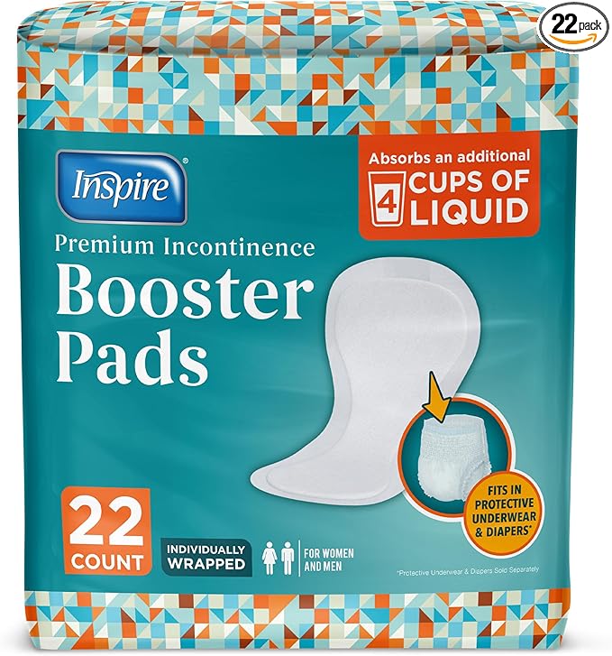 Inspire Ultra Absorbency Incontinence Booster Pads | Absorbs Over 4 Cups! | for Women or Men, Adhesive Strip Use in Incontinence Underwear and Diapers Leak-Free (22 Count)