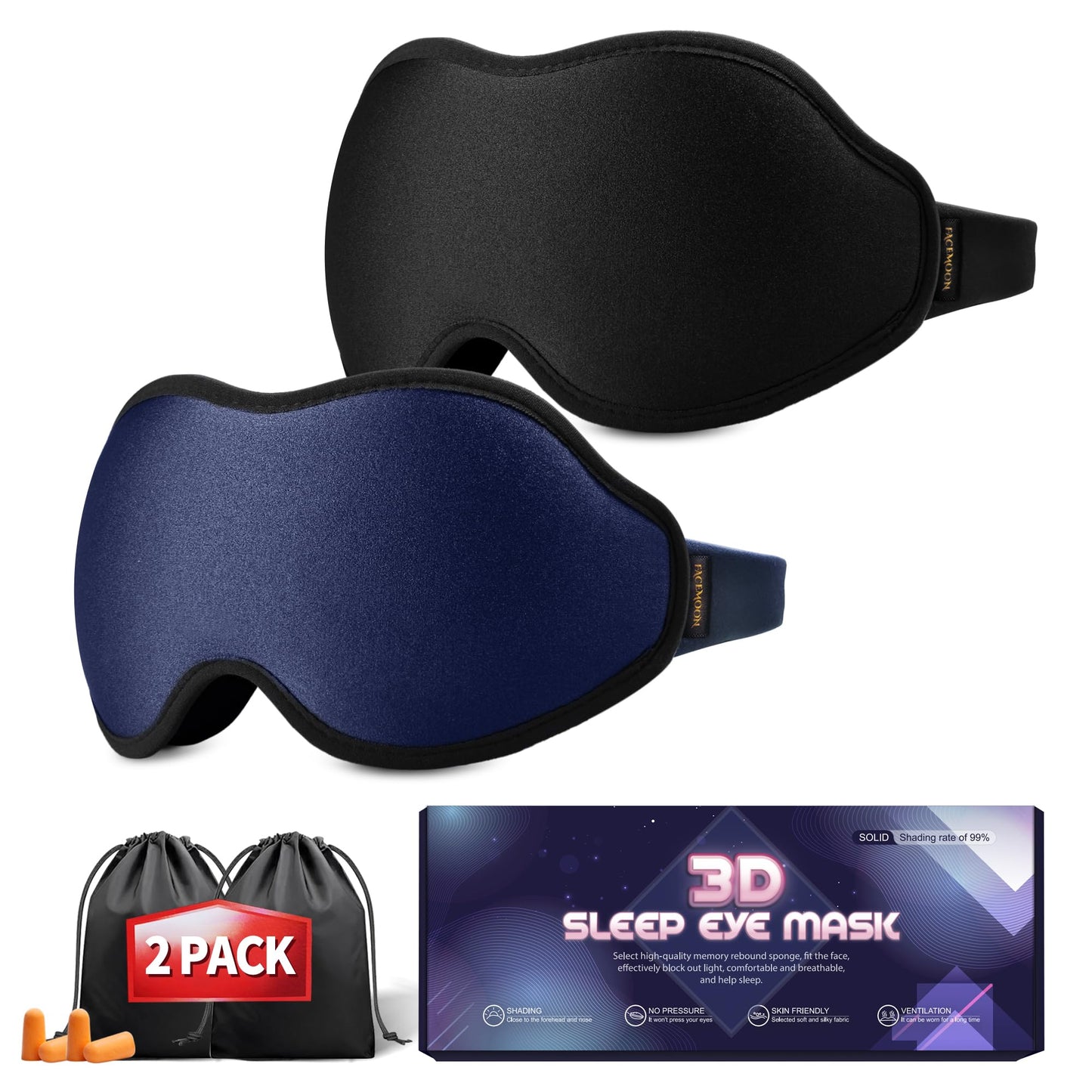 Sleep Masks for Women Men - Blackout Eye Cover for Lash Extension, 3D Contoured Sleep Mask for Side Sleeper, Soft Memory Foam, Sleep Masks for Travel, Airplane, Night(Cloud Black, Cloud Blue)