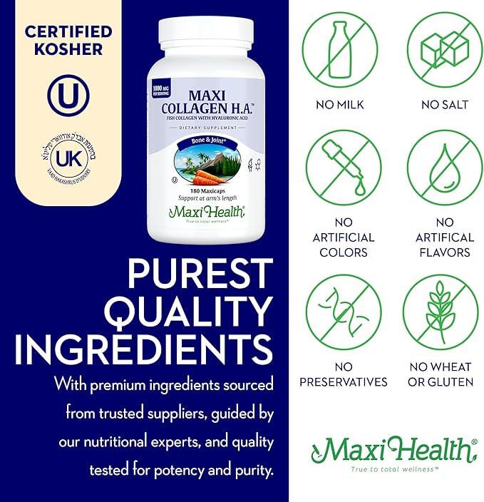 Maxi Health Collagen with Hyaluronic Acid Capsules - 1.5X More Efficient Absorption - Kosher Type I Hydrolyzed Marine Collagen Capsules Hyaluronic Acid Supplements for Hair, Skin, 180 Count