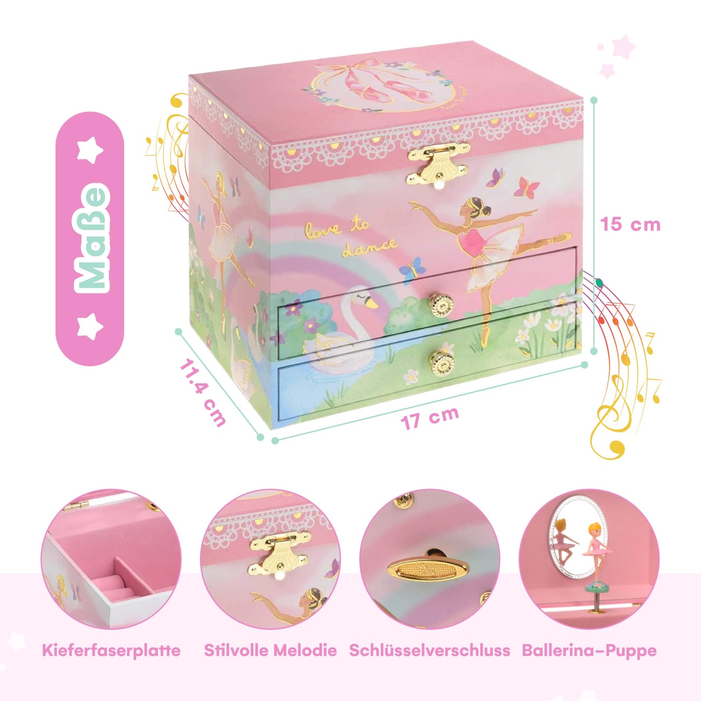 Jewelkeeper Jewelry Box for Girls - Spinning Ballerina Doll to Swan Lake Tune Music Box - Pink Jewelry Box for Girls with 2 Draw