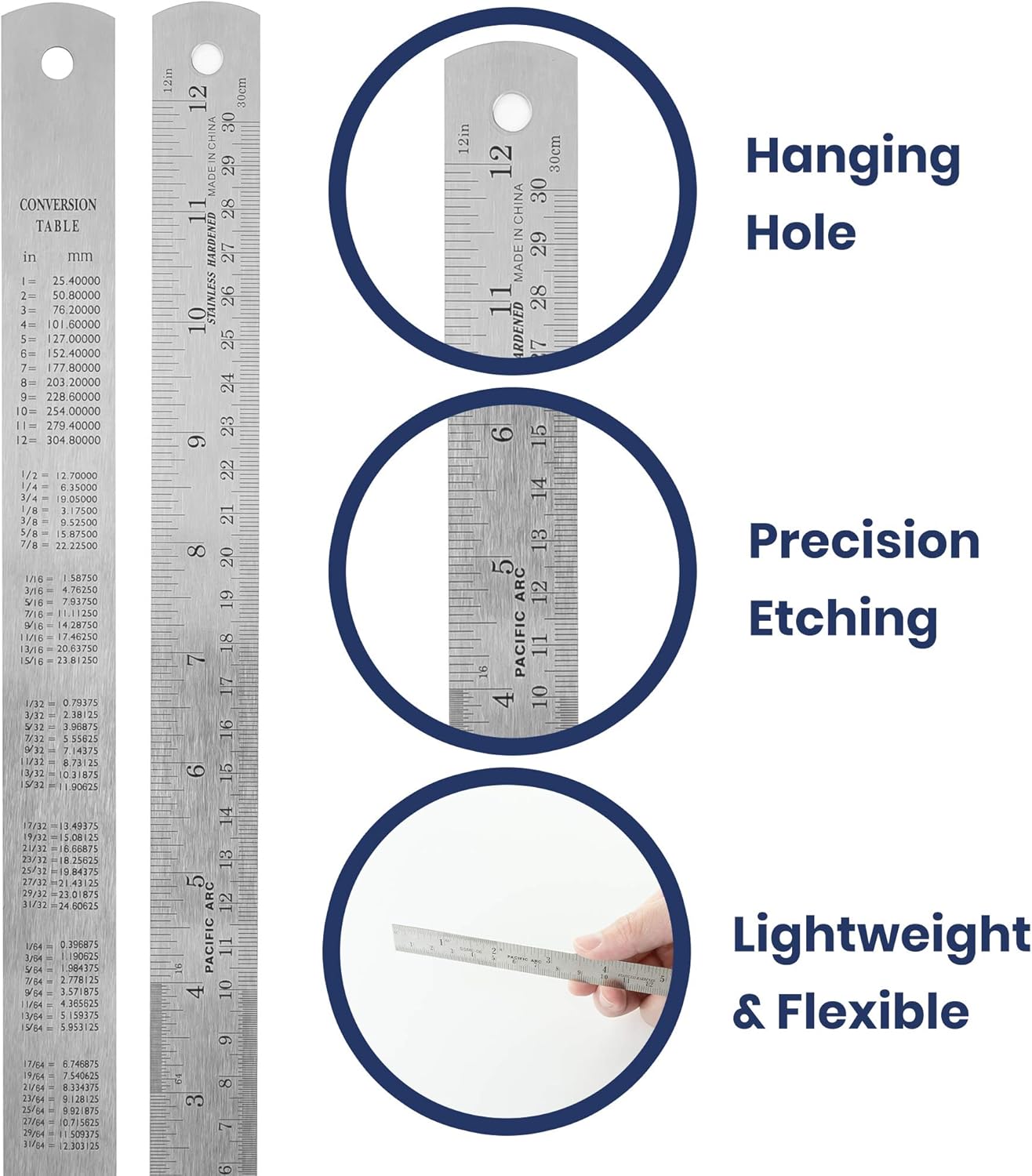2 Pack Pacific Arc 12 Inch Stainless Steel Ruler with Inch/Metric Conversion Table