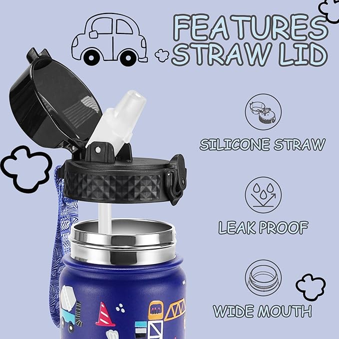 GOPPUS Kids Water Bottle (Straw Lid) - 14 Oz Stainless Steel Travel Bottle, Double Wall Vacuum Leak Proof Kids Cup for School Boys Girls,Blue engineering car